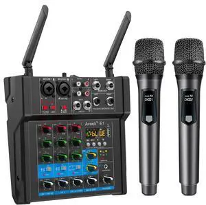 150W x2 Powered Amplifier Audio Mixer,4 Channel with Dual Wireless Mic Sound Board Console MP3 Digital USB Bluetooth Computer Input 48V Phantom Power Stereo DJ Mixing for Karaoke Party 150W x2 Powered Amplifier Audio Mixer,4 Channel with Dual Wireless Mic Sound Board Console MP3 Digital USB Bluetooth Computer Input 48V Phantom Power Stereo DJ Mixing for Karaoke Party