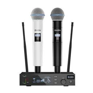 BASN UHF Dual Channel Handheld Wireless Microphone System (Black & White) | Metal Handheld Mics for Stage, Karaoke, Weddings, DJ, and Events BASN UHF Dual Channel Handheld Wireless Microphone System (Black & White) | Metal Handheld Mics for Stage, Karaoke, Weddings, DJ, and Events
