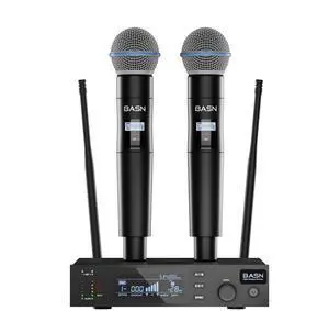 BASN UHF Dual Channel Handheld Wireless Microphone System (Black) | Metal Handheld Mics for Stage, Karaoke, Weddings, DJ, and Events BASN UHF Dual Channel Handheld Wireless Microphone System (Black) | Metal Handheld Mics for Stage, Karaoke, Weddings, DJ, and Events
