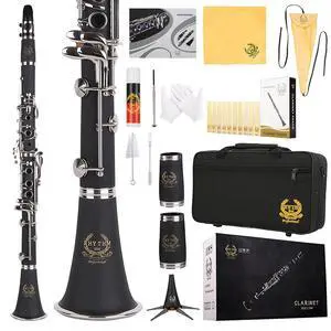 Bb Clarinet 17 Nickel Keys Woodwind Band & Orchestra Musical Instruments for Beginners Includes Case, Stand, 10 Reeds and Cleaning Kit-Black/Silver keys Bb Clarinet 17 Nickel Keys Woodwind Band & Orchestra Musical Instruments for Beginners Includes Case, Stand, 10 Reeds and Cleaning Kit-Black/Silver keys