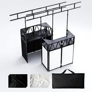 Portable DJ Booth,Foldable DJ Table Stand with Light Stand White & Black Scrim,Adjustable DJ Facade Booth Station Triangle Plate Metal Frame DJ Table with Cable Hole for Private Events, Clubs, Bars Portable DJ Booth,Foldable DJ Table Stand with Light Stand White & Black Scrim,Adjustable DJ Facade Booth Station Triangle Plate Metal Frame DJ Table with Cable Hole for Private Events, Clubs, Bars