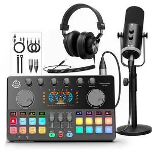 Podcast Equipment Bundle, RGB Audio Interface Mixer with Dynamic XLR/USB Microphone, Desktop Stand, Noise Reduction, Voice Changer, for Vocal Recording, Podcasting, Streaming, Gaming,TikTok Podcast Equipment Bundle, RGB Audio Interface Mixer with Dynamic XLR/USB Microphone, Desktop Stand, Noise Reduction, Voice Changer, for Vocal Recording, Podcasting, Streaming, Gaming,TikTok