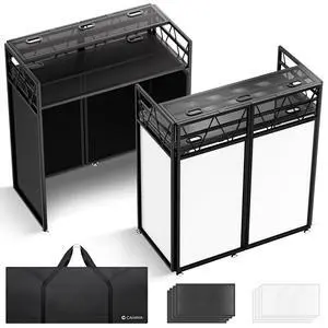 DJ Booth Stand Portable - DJ Table Facade for Laptop Double Top Storage Height Adjustable with Black & White Scrims DJ Stand Foldable with Storage Bag, Cable Holes, 40.7" L x 19.7" W, Black DJ Booth Stand Portable - DJ Table Facade for Laptop Double Top Storage Height Adjustable with Black & White Scrims DJ Stand Foldable with Storage Bag, Cable Holes, 40.7" L x 19.7" W, Black