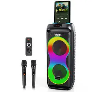 Bluetooth Karaoke Speaker with 2 Wireless Microphones 40W Portable PA System with LED Lights, TWS Pairing, 6.5 Dual Woofers, Rolling Wheels, Rechargeable Battery - for Party/Home/Outdoor Bluetooth Karaoke Speaker with 2 Wireless Microphones 40W Portable PA System with LED Lights, TWS Pairing, 6.5 Dual Woofers, Rolling Wheels, Rechargeable Battery - for Party/Home/Outdoor