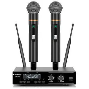 Dual-Channel Wireless Microphone System, 2 Handheld Mics | 200 Selectable UHF Frequencies, Auto Scan, 328 ft Range, XLR and 6.35 mm Outputs for Karaoke, Church and DJ Dual-Channel Wireless Microphone System, 2 Handheld Mics | 200 Selectable UHF Frequencies, Auto Scan, 328 ft Range, XLR and 6.35 mm Outputs for Karaoke, Church and DJ