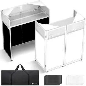 DJ Booth Stand Portable - DJ Table Facade with Black & White Scrims DJ Stand Foldable for Laptop & Controller Double Top Corners, Storage Bag, Cable Holes, 40"L x 20"W, White DJ Booth Stand Portable - DJ Table Facade with Black & White Scrims DJ Stand Foldable for Laptop & Controller Double Top Corners, Storage Bag, Cable Holes, 40"L x 20"W, White