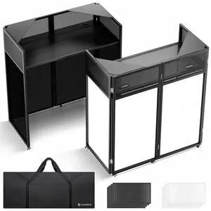 DJ Booth Stand Portable DJ Table Facade Foldable Storage Bag 40"x20" | For laptop & controller, includes black & white scrims for lighting, carry bag, double top corners, easy setup & foldable DJ Booth Stand Portable DJ Table Facade Foldable Storage Bag 40"x20" | For laptop & controller, includes black & white scrims for lighting, carry bag, double top corners, easy setup & foldable
