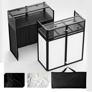 Portable DJ Booth Table,Foldable DJ Table Stand with White & Black Scrim,Adjustable DJ Facade Booth Station Metal Frame with Cable Hole for Private Events, Clubs, Bars (40x20 Double Deck) Portable DJ Booth Table,Foldable DJ Table Stand with White & Black Scrim,Adjustable DJ Facade Booth Station Metal Frame with Cable Hole for Private Events, Clubs, Bars (40x20 Double Deck)