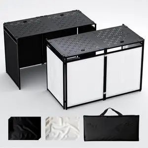Portable DJ Booth Table Stand with 2-Height Adjustable Top Board, All-Iron Heavy Duty DJ Facade for Events, Includes 8 Scrims, Travel Bag, and 4 Leveling Legs, 54x27x45 Inches Portable DJ Booth Table Stand with 2-Height Adjustable Top Board, All-Iron Heavy Duty DJ Facade for Events, Includes 8 Scrims, Travel Bag, and 4 Leveling Legs, 54x27x45 Inches
