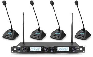 4 Channel UHF Wireless Conference Microphone System with 4 Gooseneck Mics, 300 Ft Range, Selectable Frequencies & Rack Mount Receiver for Meetings, Presentations & Events 4 Channel UHF Wireless Conference Microphone System with 4 Gooseneck Mics, 300 Ft Range, Selectable Frequencies & Rack Mount Receiver for Meetings, Presentations & Events