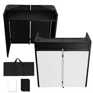 DJ Booth Table Station with 2 Storage Triangular Panel | Black & White Scrims, Detachable DJ Table, Carrying Bag, Foldable Metal Frame DJ Booth Panel for Show, Wedding, Clubs DJ Booth Table Station with 2 Storage Triangular Panel | Black & White Scrims, Detachable DJ Table, Carrying Bag, Foldable Metal Frame DJ Booth Panel for Show, Wedding, Clubs