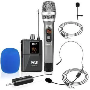 UHF Wireless Microphone System Kit - Portable Professional Cordless Microphone Set Wireless Mic - Headset, Lavalier, Beltpack Transmitter, Receiver - Karaoke, Conference PDWMU114, Black UHF Wireless Microphone System Kit - Portable Professional Cordless Microphone Set Wireless Mic - Headset, Lavalier, Beltpack Transmitter, Receiver - Karaoke, Conference PDWMU114, Black