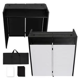 DJ Facade Booth with Double Top Desktop,DJ Booth Table Station | Black & White Scrims, Detachable DJ Table, Carrying Bag, Foldable Metal Frame DJ Booth Panel for Show, Wedding, Clubs DJ Facade Booth with Double Top Desktop,DJ Booth Table Station | Black & White Scrims, Detachable DJ Table, Carrying Bag, Foldable Metal Frame DJ Booth Panel for Show, Wedding, Clubs