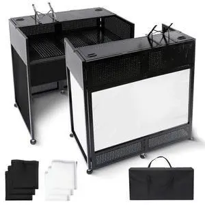 Portable DJ Booth Table, 41"L x 20"W DJ Table Stand Portable Booth Double Deck, Adjustable DJ Facade Station with White & Black Scrim, Foldable Metal Frame DJ Booth Panel for Parties, Wedding, Bars Portable DJ Booth Table, 41"L x 20"W DJ Table Stand Portable Booth Double Deck, Adjustable DJ Facade Station with White & Black Scrim, Foldable Metal Frame DJ Booth Panel for Parties, Wedding, Bars