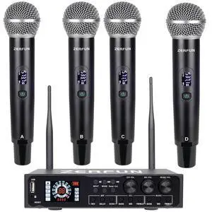 4 Channel Rechargeable Wireless Microphone System Pro & Pre Effector, UHF Metal Handheld Cordless Mics with Vocal Cut, Bluetooth, USB Port, XLR, 1/4, Optical, RCA Input/Output, LCD Display 4 Channel Rechargeable Wireless Microphone System Pro & Pre Effector, UHF Metal Handheld Cordless Mics with Vocal Cut, Bluetooth, USB Port, XLR, 1/4, Optical, RCA Input/Output, LCD Display