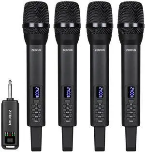 4 Rechargeable Wireless Microphones, Pro Handheld Cordless Mics System with Echo Treble BASS VOL Control for Karaoke Singing Church Party, 1/4'' Output, Black 4 Rechargeable Wireless Microphones, Pro Handheld Cordless Mics System with Echo Treble BASS VOL Control for Karaoke Singing Church Party, 1/4'' Output, Black