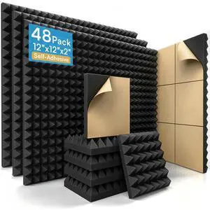 48 Pack Self-Adhesive Pyramid Acoustic Foam Panels, 12" x 12" x 2" | 2" Thick Pyramid Foam / High-Density Structure / Enhanced Sound Control / Easy Installation / Complete Room Coverage 48 Pack Self-Adhesive Pyramid Acoustic Foam Panels, 12" x 12" x 2" | 2" Thick Pyramid Foam / High-Density Structure / Enhanced Sound Control / Easy Installation / Complete Room Coverage