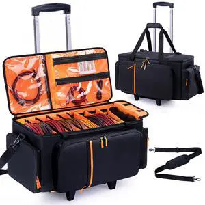 Rolling DJ Cable Bag with Wheels-Large DJ Equipment Bag with 5 Cable Slots & 3 Removable Dividers, DJ Gig Bag with Laptop Compartment, Microphone Pockets, Travel DJ Gear Organizer for Mixer, Musicians Rolling DJ Cable Bag with Wheels-Large DJ Equipment Bag with 5 Cable Slots & 3 Removable Dividers, DJ Gig Bag with Laptop Compartment, Microphone Pockets, Travel DJ Gear Organizer for Mixer, Musicians