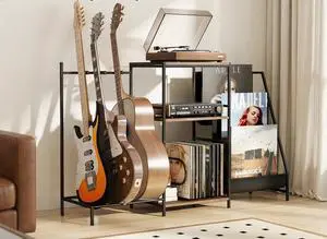 Multi-Guitar Stand & Record Player Stand with Storage Shelf, 3-in-1 Adjustable Black Guitar Rack for Acoustic/Electric Guitars & Bass, Vinyl Record Storage with Display Shelf, for Home Music Studio Multi-Guitar Stand & Record Player Stand with Storage Shelf, 3-in-1 Adjustable Black Guitar Rack for Acoustic/Electric Guitars & Bass, Vinyl Record Storage with Display Shelf, for Home Music Studio