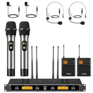 Wireless Microphones System with Metal 2 Cordless Mic and 2 Headset/Lapel/Lavalier Mic, Bodypack Transmitter, Receiver for Karaoke Church Singing Party PA Speaker, 4*10 Channels 90 m/295ft Range Wireless Microphones System with Metal 2 Cordless Mic and 2 Headset/Lapel/Lavalier Mic, Bodypack Transmitter, Receiver for Karaoke Church Singing Party PA Speaker, 4*10 Channels 90 m/295ft Range