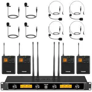 UHF Wireless Microphones System with Headset/Lavalier Lapel Mics, Bodypack Transmitter, Receiver, 4 * 10 Channels, 90 m/295ft Range for Live Singing Karaoke Church Party DJ, 4 Bodypack Mics UHF Wireless Microphones System with Headset/Lavalier Lapel Mics, Bodypack Transmitter, Receiver, 4 * 10 Channels, 90 m/295ft Range for Live Singing Karaoke Church Party DJ, 4 Bodypack Mics