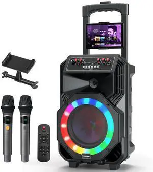Karaoke Machine with 2 Wireless Microphones, Rolling Wheels, and Trolley 8800mAh Portable Bluetooth Speaker, PA System with Lights, Adjustable Bass/Treble/Echo for Parties, Indoor and Outdoor Use Karaoke Machine with 2 Wireless Microphones, Rolling Wheels, and Trolley 8800mAh Portable Bluetooth Speaker, PA System with Lights, Adjustable Bass/Treble/Echo for Parties, Indoor and Outdoor Use