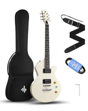 DSC-128 Electric Guitar Beginner Kit 39" Full Size Solid Body H-H Pickups, C-Shape Neck with Gig Bag, Ideal for Rock Blues Practice, White DSC-128 Electric Guitar Beginner Kit 39" Full Size Solid Body H-H Pickups, C-Shape Neck with Gig Bag, Ideal for Rock Blues Practice, White