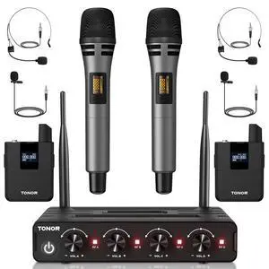 Wireless Microphone System, 4 * 10-Channel UHF Cordless Handheld Mic Set with Headset/Lavalier Lapel Mics, Bodypack Transmitter, Receiver, 60 m/200ft Range for Karaoke Singing Church PA Speaker Wireless Microphone System, 4 * 10-Channel UHF Cordless Handheld Mic Set with Headset/Lavalier Lapel Mics, Bodypack Transmitter, Receiver, 60 m/200ft Range for Karaoke Singing Church PA Speaker