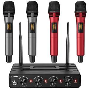 Wireless Microphones System with 4x10 Channels Cordless Handheld Microfono Inalambrico, UHF Mics with Stable Signal Transmission for Karaoke Singing Party Church Wedding 60 m/200ft Red Wireless Microphones System with 4x10 Channels Cordless Handheld Microfono Inalambrico, UHF Mics with Stable Signal Transmission for Karaoke Singing Party Church Wedding 60 m/200ft Red