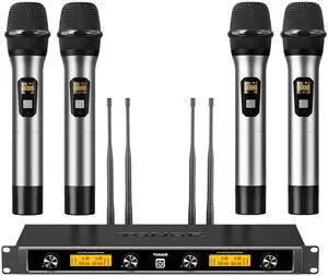 Wireless Microphones System, 4x10 Channel UHF Wireless Mic, 4 Handheld Adjustable Frequency Metal Cordless Dynamic Mic, Multiset Operation, 90 m Ideal for Karaoke Singing Wedding Church, Silver Wireless Microphones System, 4x10 Channel UHF Wireless Mic, 4 Handheld Adjustable Frequency Metal Cordless Dynamic Mic, Multiset Operation, 90 m Ideal for Karaoke Singing Wedding Church, Silver