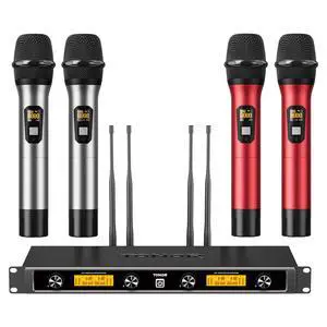 Wireless Microphones System, 4*10 Channel Metal Professional UHF Cordless Dynamic Handheld Mics with Receiver for Home Karaoke, Meeting, Party, Church, Wedding,KTV, 90 m/295ft, TW-840 Silver&Red Wireless Microphones System, 4*10 Channel Metal Professional UHF Cordless Dynamic Handheld Mics with Receiver for Home Karaoke, Meeting, Party, Church, Wedding,KTV, 90 m/295ft, TW-840 Silver&Red