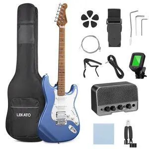 Electric Guitar Kit Beginner 39 Inch Full Size Solid Body Guitar HSS for Starter Roasted Maple Neck Fretboard Stainless Steel Frets, 5W Mini Amp, Bag, Tuner, Capo, Strap, String, Picks- Blue Electric Guitar Kit Beginner 39 Inch Full Size Solid Body Guitar HSS for Starter Roasted Maple Neck Fretboard Stainless Steel Frets, 5W Mini Amp, Bag, Tuner, Capo, Strap, String, Picks- Blue