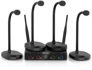 4-Channel Wireless Conference Microphone System MWM-41-4G | 4 gooseneck mics, 4 x 10 frequencies, 200 ft range, UHF cordless setup for lecture, church, conference and public speaking 4-Channel Wireless Conference Microphone System MWM-41-4G | 4 gooseneck mics, 4 x 10 frequencies, 200 ft range, UHF cordless setup for lecture, church, conference and public speaking