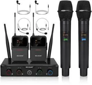 4-Channel UHF Compact Wireless Microphone System MWM-41-2H2B | 2 Handheld Mics, 2 Bodypacks, Headset/Lapel Mics, 4 x 10 Frequencies, 200 ft Range, Karaoke, Church 4-Channel UHF Compact Wireless Microphone System MWM-41-2H2B | 2 Handheld Mics, 2 Bodypacks, Headset/Lapel Mics, 4 x 10 Frequencies, 200 ft Range, Karaoke, Church