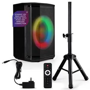Portable Bluetooth Speaker with 8" Inch Woofer, TWS Function, Mic Input, USB/Micro SD/FM Radio, Colorful Ring Lights, 120W Rechargeable Battery, Tripod Stand, Hi-Fi Sound, Indoor/Outdoor Use Portable Bluetooth Speaker with 8" Inch Woofer, TWS Function, Mic Input, USB/Micro SD/FM Radio, Colorful Ring Lights, 120W Rechargeable Battery, Tripod Stand, Hi-Fi Sound, Indoor/Outdoor Use