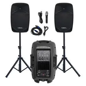 Dual 10 Inch 1200W High Powered PA Speaker System | Support bluetooth FM radio USB SD media playback includes two stands for outdoor karaoke events Dual 10 Inch 1200W High Powered PA Speaker System | Support bluetooth FM radio USB SD media playback includes two stands for outdoor karaoke events