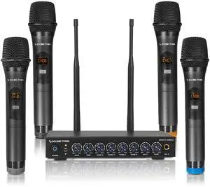 200 Channels Wireless Microphone Karaoke Mixer System, with 4 Metal Handheld Microphones, Optical (Toslink), AUX, for Smart TV, Home Theater, Sound Bar (SWM16-4MEGA) 200 Channels Wireless Microphone Karaoke Mixer System, with 4 Metal Handheld Microphones, Optical (Toslink), AUX, for Smart TV, Home Theater, Sound Bar (SWM16-4MEGA)