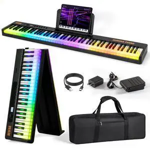 88-Key Foldable Piano Keyboard with Colorful Lighted Keys | Semi-Weighted Full Size Portable Digital Piano with MIDI, Speakers, Sustain Pedal for Beginners, Travel and Small Spaces 88-Key Foldable Piano Keyboard with Colorful Lighted Keys | Semi-Weighted Full Size Portable Digital Piano with MIDI, Speakers, Sustain Pedal for Beginners, Travel and Small Spaces