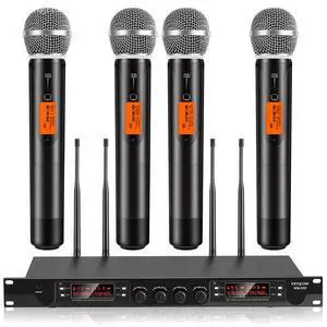 4 Channel Wireless Microphones System, Quad UHF Cordless Mic Set,4 * 40 Groups Metal Handheld Dynamic, Auto Scan, Long Range 200-300Ft,16 Hours Use for Church,Singing Bands (WM500) 4 Channel Wireless Microphones System, Quad UHF Cordless Mic Set,4 * 40 Groups Metal Handheld Dynamic, Auto Scan, Long Range 200-300Ft,16 Hours Use for Church,Singing Bands (WM500)