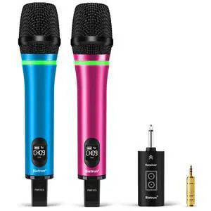 Rechargeable Wireless Microphone, Dual Metal Cordless Handheld Dynamic Wireless Mics with Bluetooth, UHF 240FT Range, for 1/4'',1/8''Output,PA System,Dj,Mixer,Church(BluePink) Rechargeable Wireless Microphone, Dual Metal Cordless Handheld Dynamic Wireless Mics with Bluetooth, UHF 240FT Range, for 1/4'',1/8''Output,PA System,Dj,Mixer,Church(BluePink)