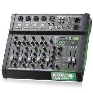 8 Channel Audio Mixer - 4 XLR Combo Mic Inputs, Bluetooth Studio Mixer/DJ Controller with DSP Digital Effects, USB-A In with MP3 Player, PC Recording, LED Level Meter, Smooth Dials and Faders 8 Channel Audio Mixer - 4 XLR Combo Mic Inputs, Bluetooth Studio Mixer/DJ Controller with DSP Digital Effects, USB-A In with MP3 Player, PC Recording, LED Level Meter, Smooth Dials and Faders