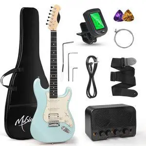 39-Inch Electric Guitar Starter Kit with HSS Pickups, OlympicBlue | Lightweight Olympic blue paulownia body, comfortable maple neck and Bluetooth playback for students, adults and first lessons 39-Inch Electric Guitar Starter Kit with HSS Pickups, OlympicBlue | Lightweight Olympic blue paulownia body, comfortable maple neck and Bluetooth playback for students, adults and first lessons