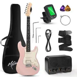 39-Inch Electric Guitar Starter Kit with HSS Pickups, Pink | Lightweight pink paulownia body, comfortable maple neck and Bluetooth playback for students, adults and first lessons 39-Inch Electric Guitar Starter Kit with HSS Pickups, Pink | Lightweight pink paulownia body, comfortable maple neck and Bluetooth playback for students, adults and first lessons