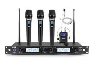 4 Channel UHF Wireless Microphone System with 3 Handheld Mics, Lavalier & Headset Mic, 300 Ft Range, Selectable Frequencies & Rack Mount Receiver for Conferences, Hosting, Church & PA Systems 4 Channel UHF Wireless Microphone System with 3 Handheld Mics, Lavalier & Headset Mic, 300 Ft Range, Selectable Frequencies & Rack Mount Receiver for Conferences, Hosting, Church & PA Systems