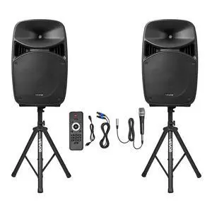 Portable PA System, 2000W (PMPO) Powered, Sound System Set with 3 Channel Mixer, Dual Speakers, Wireless Bluetooth, Microphone, Compact Stands, USB & SD Inputs, Remote Control, for DJs Events Portable PA System, 2000W (PMPO) Powered, Sound System Set with 3 Channel Mixer, Dual Speakers, Wireless Bluetooth, Microphone, Compact Stands, USB & SD Inputs, Remote Control, for DJs Events