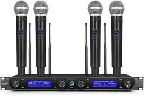 4-Channel UHF Wireless Microphone System, 4 Mics, 400ft Range | Ideal for church, conference, wedding, karaoke & speech. 4 professional dynamic handheld mics, 400ft range 4-Channel UHF Wireless Microphone System, 4 Mics, 400ft Range | Ideal for church, conference, wedding, karaoke & speech. 4 professional dynamic handheld mics, 400ft range
