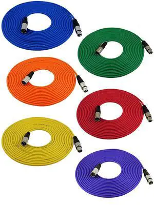 25 Ft Mic Cable Cords - XLR Male to XLR Female Colored Cables - 25' Balanced Mike Cord - Pack of 6 25 Ft Mic Cable Cords - XLR Male to XLR Female Colored Cables - 25' Balanced Mike Cord - Pack of 6