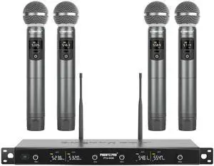 4-Ch UHF Metal Dynamic Wireless Microphone System PTU-5200-4H | 4 Cordless Handheld Mics, 4 x 25 Frequencies, 200 ft Range, Singing, Karaoke, Church Services, DJ Sets 4-Ch UHF Metal Dynamic Wireless Microphone System PTU-5200-4H | 4 Cordless Handheld Mics, 4 x 25 Frequencies, 200 ft Range, Singing, Karaoke, Church Services, DJ Sets