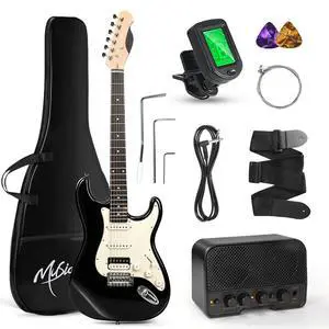 39-Inch Electric Guitar Starter Kit with HSS Pickups, Black | Lightweight black paulownia body, comfortable maple neck and Bluetooth playback for students, adults and first lessons 39-Inch Electric Guitar Starter Kit with HSS Pickups, Black | Lightweight black paulownia body, comfortable maple neck and Bluetooth playback for students, adults and first lessons