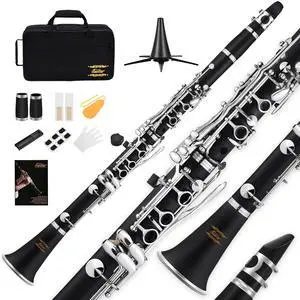 B Flat Clarinet for Beginner, Ebonite Clarinet Nickel-plated with 2 Barrels, 3 Reeds, White Gloves, Hard Case, Cleaning Kt, ECL-300 B Flat Clarinet for Beginner, Ebonite Clarinet Nickel-plated with 2 Barrels, 3 Reeds, White Gloves, Hard Case, Cleaning Kt, ECL-300